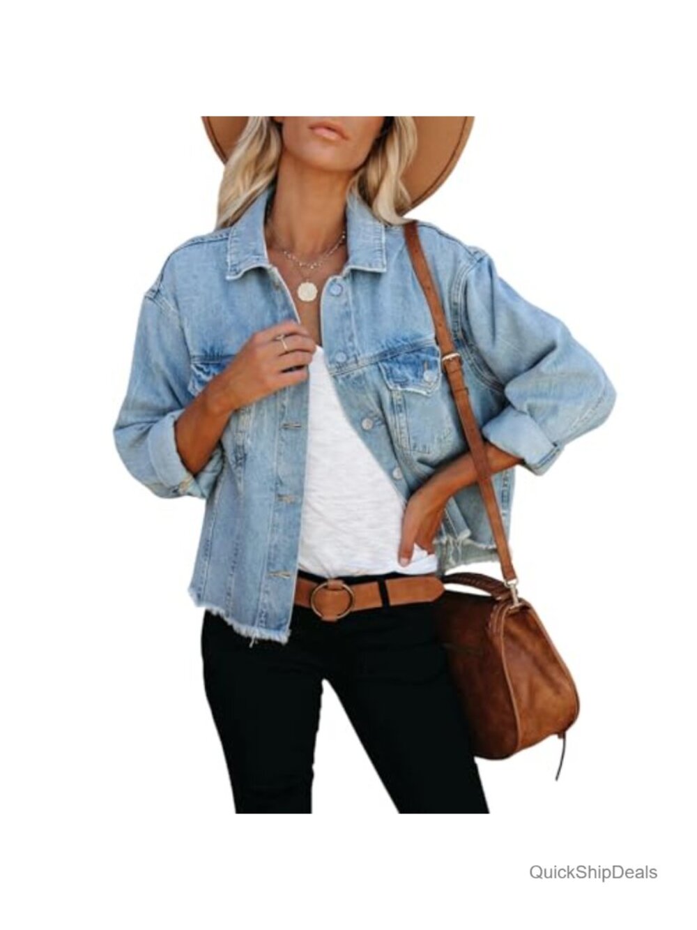 Frayed Washed Cropped Denim Jacket Button Up Jean Jacket
